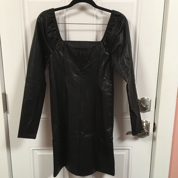 Wild Fable Long Sleeve Square Neck Faux Leather Black A Line Dress NWT Size S - Picture 2 of 7